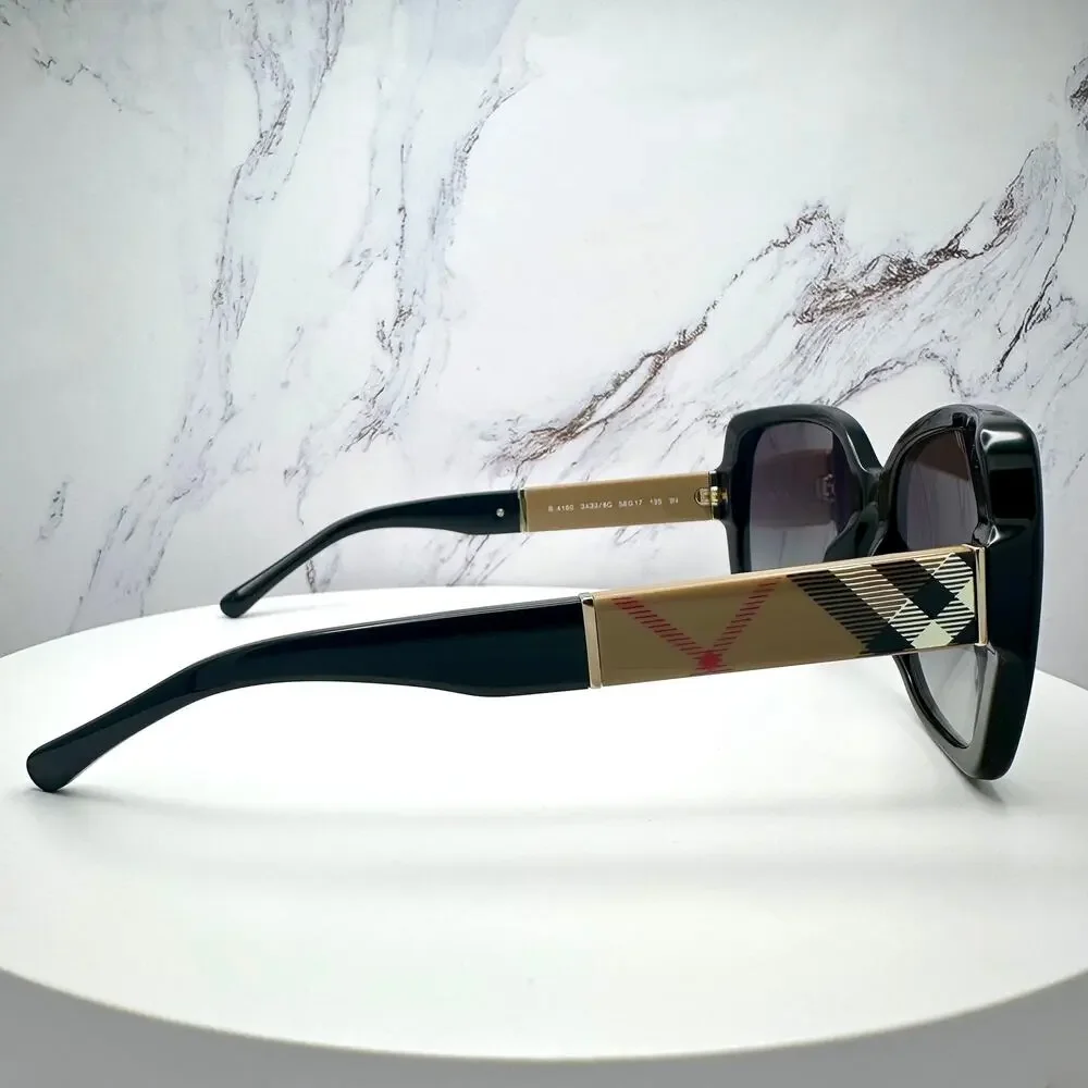 New Burberry Sunglasses Black Square Frames Checkered Arms Gradient BURBERRY
